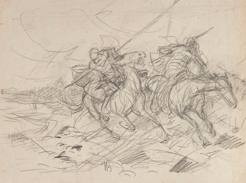 Skirmish between two galloping riders, sketch for the painting “On the Trail”