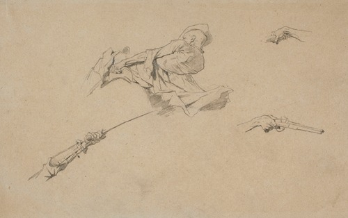 Tatar mounting a horse, studies of figures and hands for the painting “Liberation of captives”