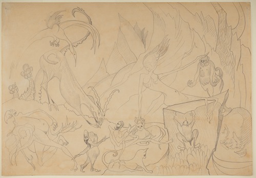 Composition – fantastic figures and animals with a landscape in the background
