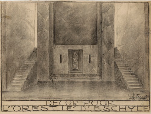 L’Orestie – maquette de décor – Entrée de temple encadrée par deux escaliers