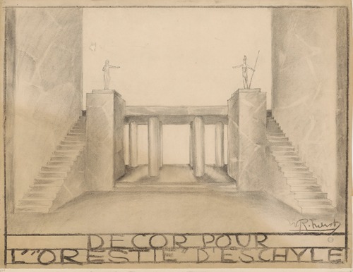 L’Orestie – maquette de décor – Péristyle encadré par deux escaliers