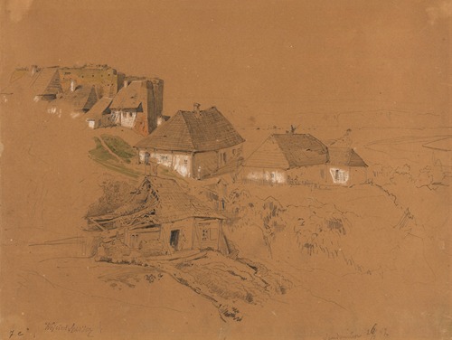 Hill in Sandomierz with ruins of a wall tower and houses