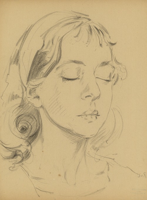 Potrettekening van Angèle Hendrickx met gesloten ogen