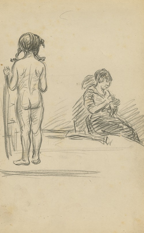 Aan de linkerkant ziet men een naakt meisje op haar achterkant en rechts ziet men een zittende vrouw.