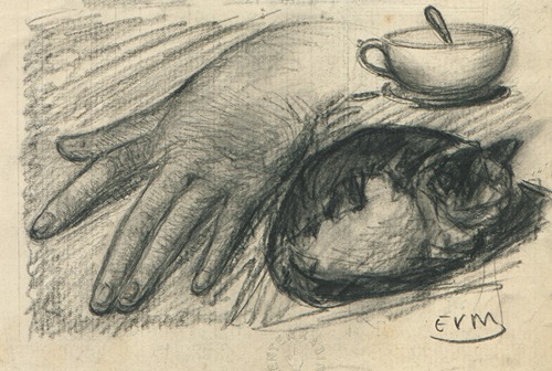Een hand, een kat en een kommetje op een tafel.