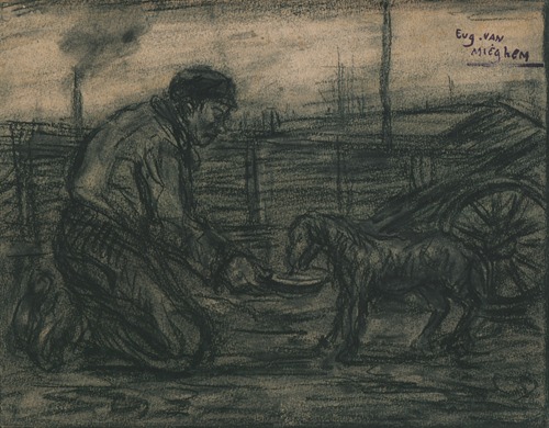 Een man geeft eten aan een hond