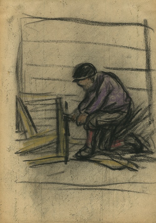 Geknielde figuur bij een schutting