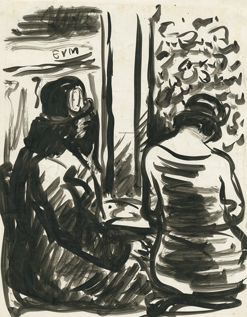 Links een zittende vrouw met hoed in profiel, rechts een rugzicht van een andere vrouw, aan een tafel.