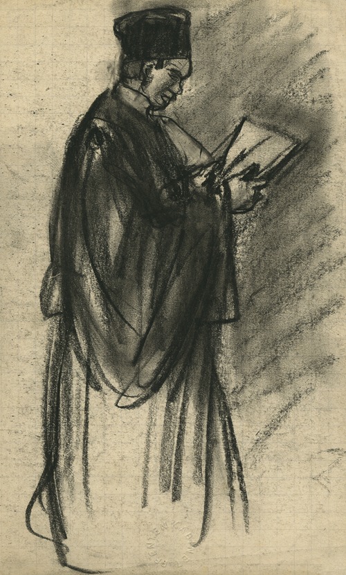 Portret van een staande man in toga (profiel). In zijn handen papieren die hij leest.