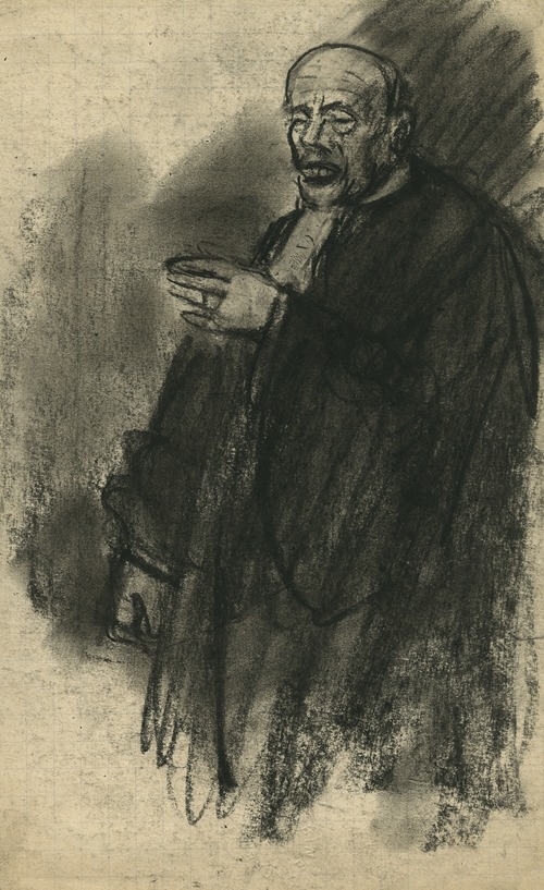 Portret van een staande man in toga. Linkerhand in de lucht.