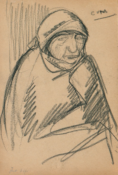 Portret van een zittende vrouw, met hoofddoek en sjaal rond haar schouders gedrapeerd.
