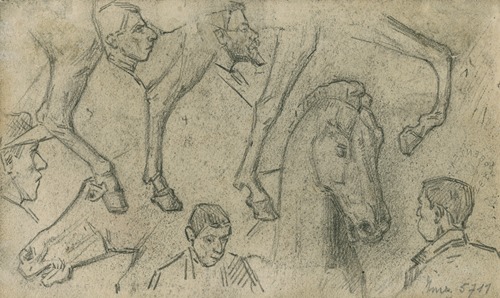 Schetsblad met hoofden en paard