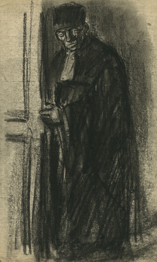 Staande man in toga, vooraanzicht.