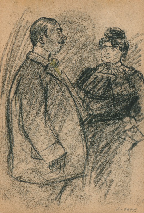 Staande man met snor links in profiel, hoofd naar vrouw rechts van hem gericht. Vrouw in vooraanzicht.