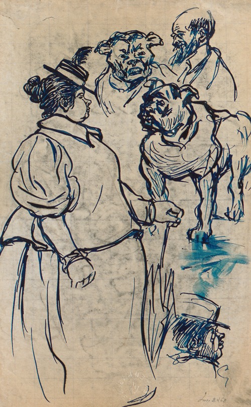 Studieblad; wandelende dame, hond en manshoofd