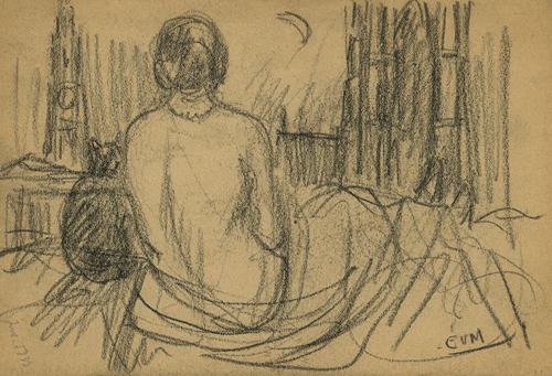 Zittende vrouw met kat en O.L.V.-kerktoren