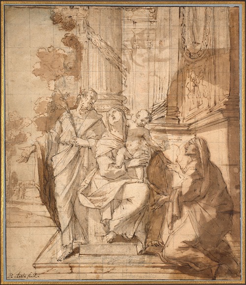 The holy familly on a step of the temple and a holy woman