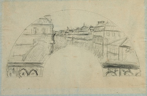 Paris, boulevard Haussmann; vue d’un balcon, projet d’éventail