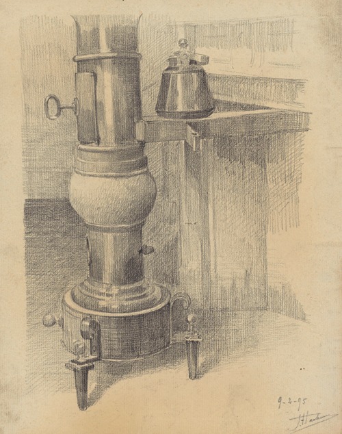 Etude de poële, avec bouilloire posée sur la buse