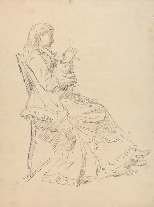 Femme assise sur une chaise, tricotant, de profil – croquis
