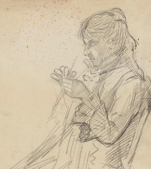 Jeune femme de profil gauche, tricotant (croquis)