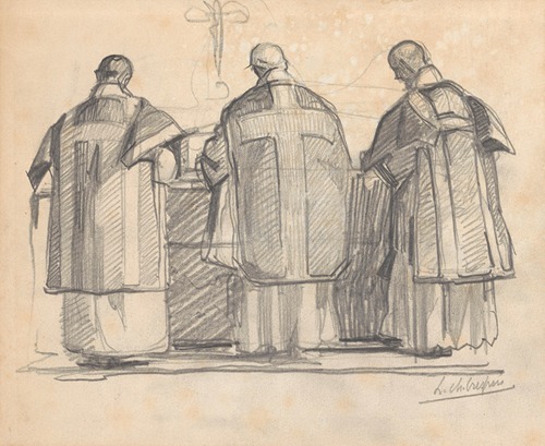 Three priests in front of an altar
