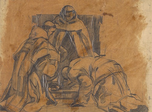 Two monks kneeling in front of the abbot