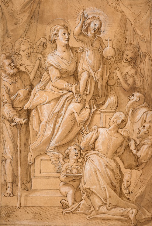The Virgin on her throne with the Christ child, savior of the world, surrounded by Saint Joseph and angels