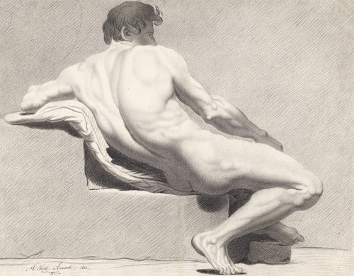 Seated male nude, seen from behind