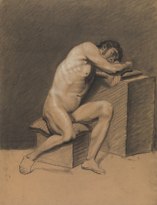 Seated male nude, leaning on a block