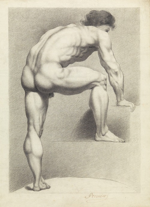 Standing male nude, right foot and arm resting on a block