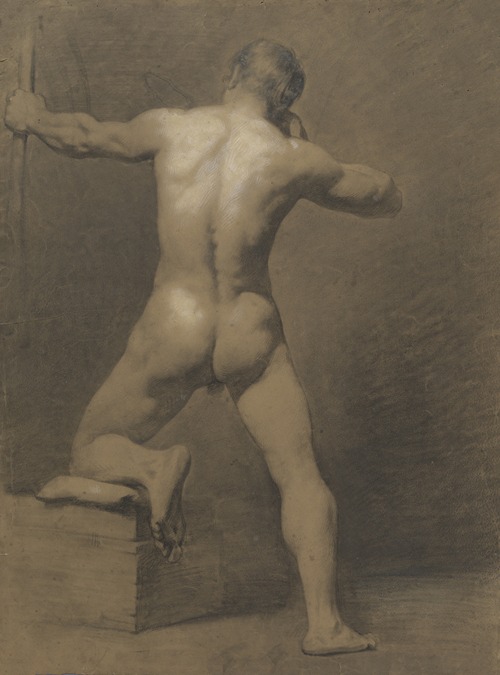 Standing male nude with handbow, seen from behind