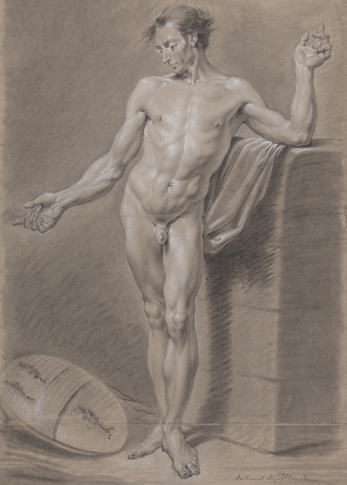 Standing male nude with coat of arms