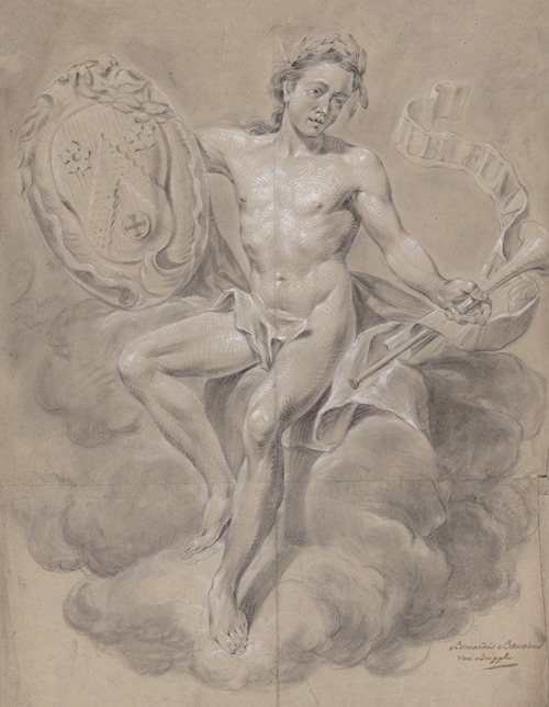 Seated male nude with coat of arms and trumpet