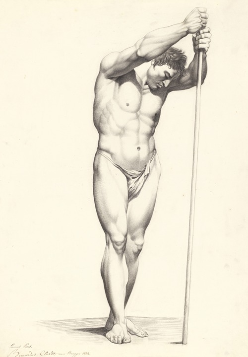 Standing male nude, holding a stick