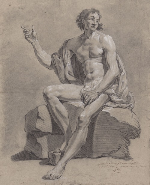 Academic life drawing study: seated nude male