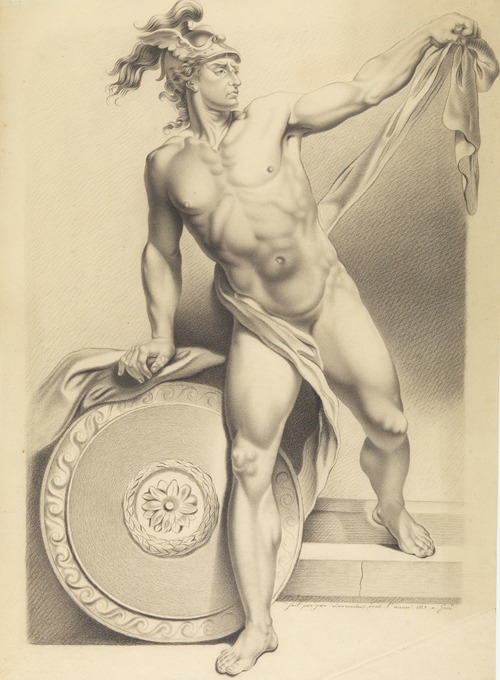 Mythological figure with shield and winged helmet.