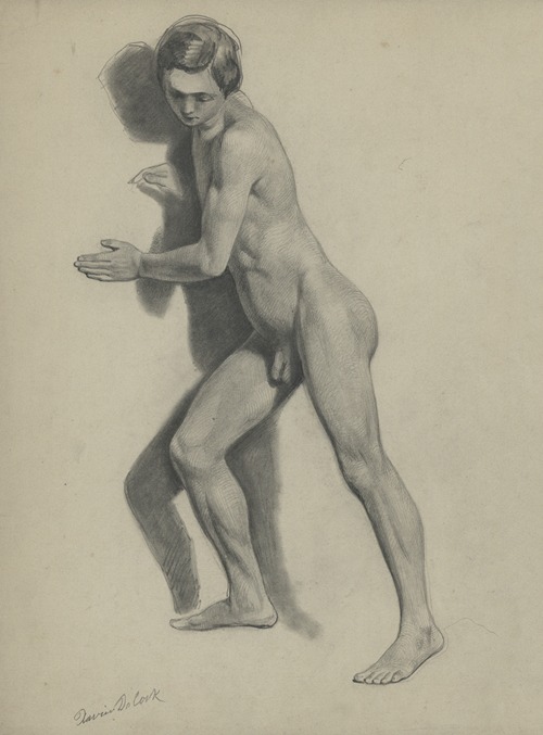 Academic nude of a standing man leaning against a wall.