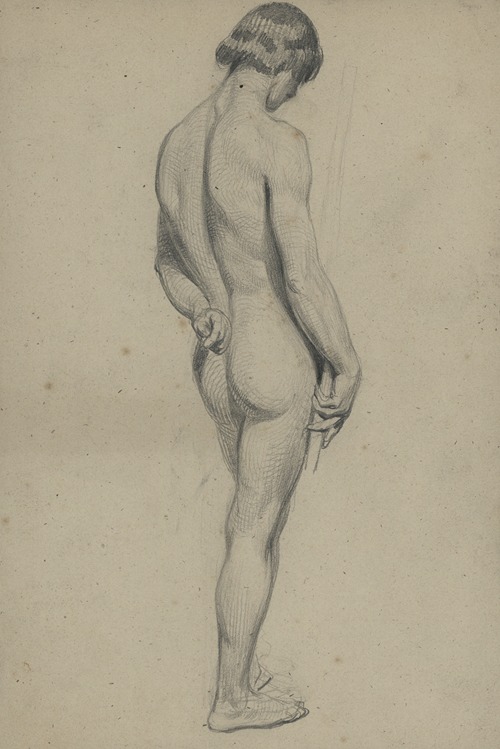Academic nude of a standing man with a long staff