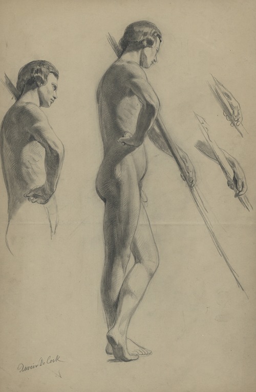 Academic nude of a standing man with a long stick