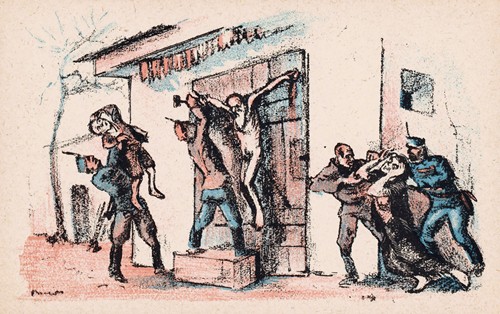Naakte oude man aan een deur gespijkerd door soldaten die zijn familie dwingen te kijken