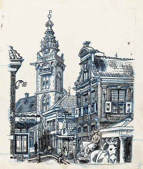 Gezicht bij de Dam te Monnickendam op de Speeltoren en Waaggebouw