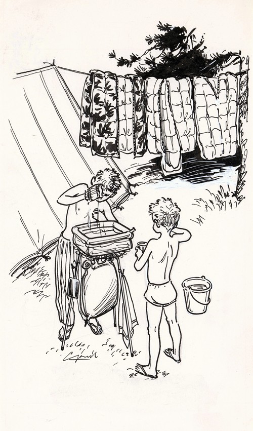 Zich wassende jongens op een camping
