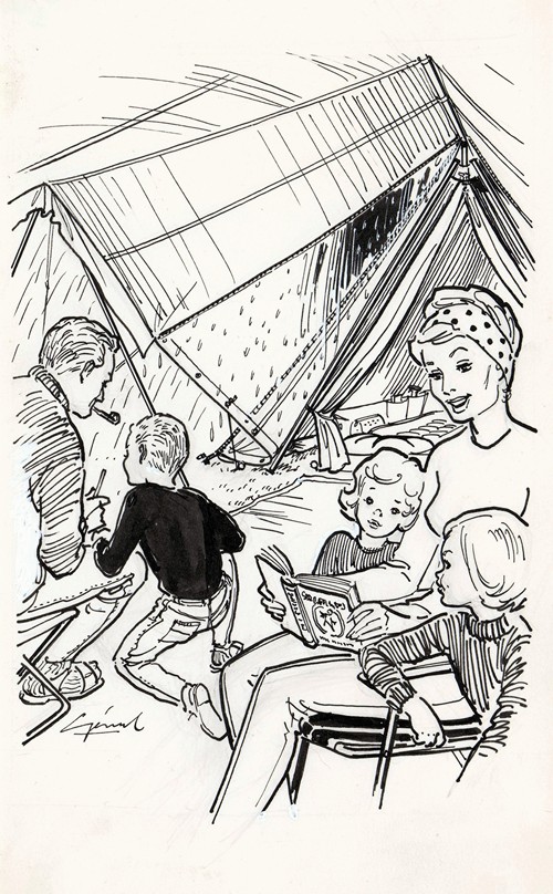 Gezin in een tent op een regenachtige dag