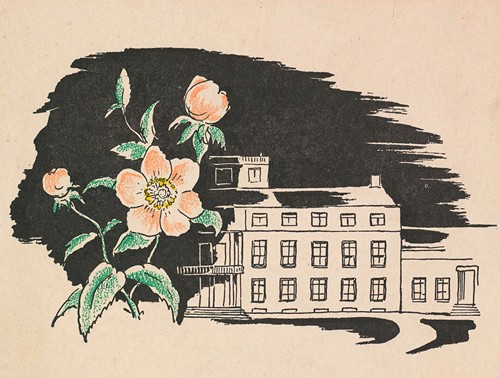 Paleis Soestdijk en een bloem met silhouetportretten van Wilhelmina, koningin der Nederlanden, Juliana, koningin der Nederlanden, en Bernhard van Lippe-Biesterfeld