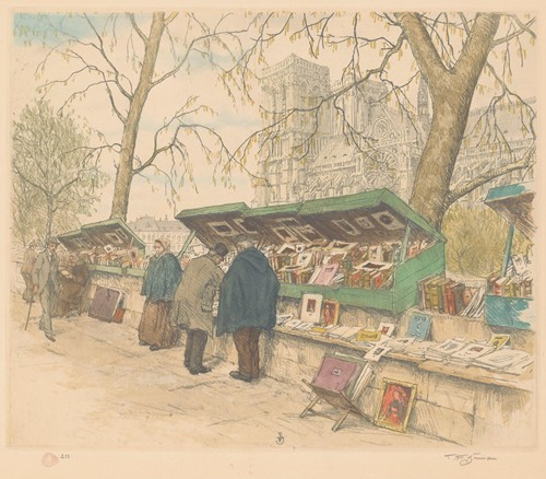Boekenkramen op de Quai de Montebello, de Notre-Dame in de achtergrond