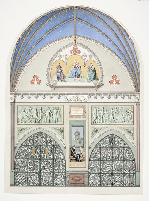 Udkast til hvælvingens dekoration i Christian IV’s kapel i Roskilde Domkirke. I midten Christian IV som barn. Herover to friser med scener fra kongens liv