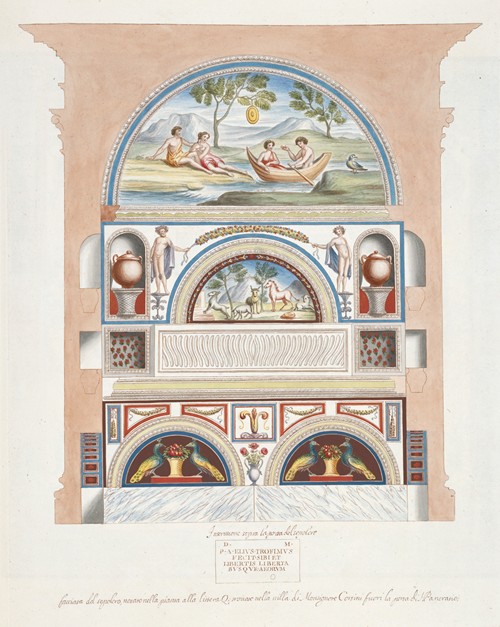 Facciata del sepolcro, notato nella pianta alla littera Q; trovato nella villa di Monsignore Corsini fuori la porta di S. Pancratio.