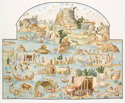 Large river scene of various animals and people on islands at various activities.