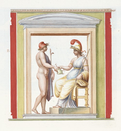 Nude youth approaching seated Athena, depicted within a niche.